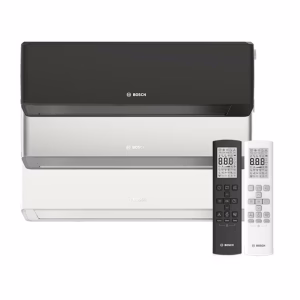 Bosch Climate 7100i luftvärmepump i svart, vit och silver – installation av ESMA Solutions i Västerås för energieffektiv värme och kyla.
